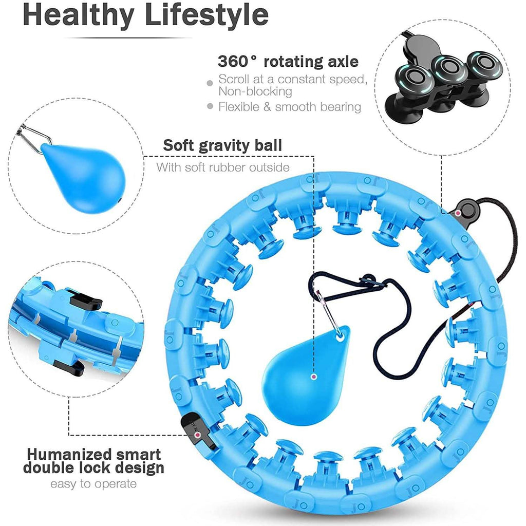 Blue smart hula hoop with circular massage nodes and soft gravity ball center