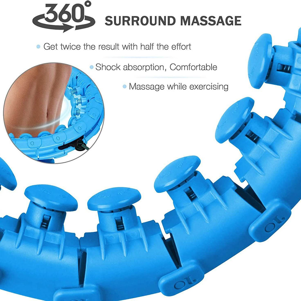 Blue smart hula hoop with massage nodes and curved handle section