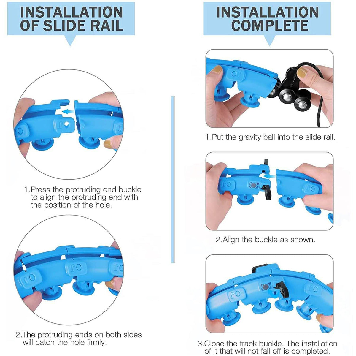 Blue smart hula hoop track components with slide-rail setup shown