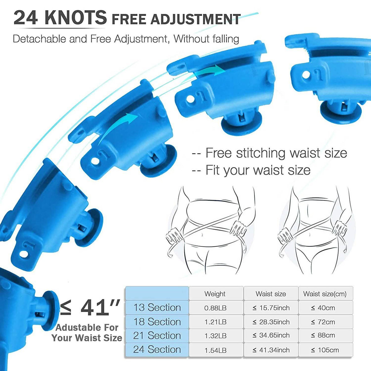 Blue smart hula hoop with adjustable sections and weight-to-waist size chart