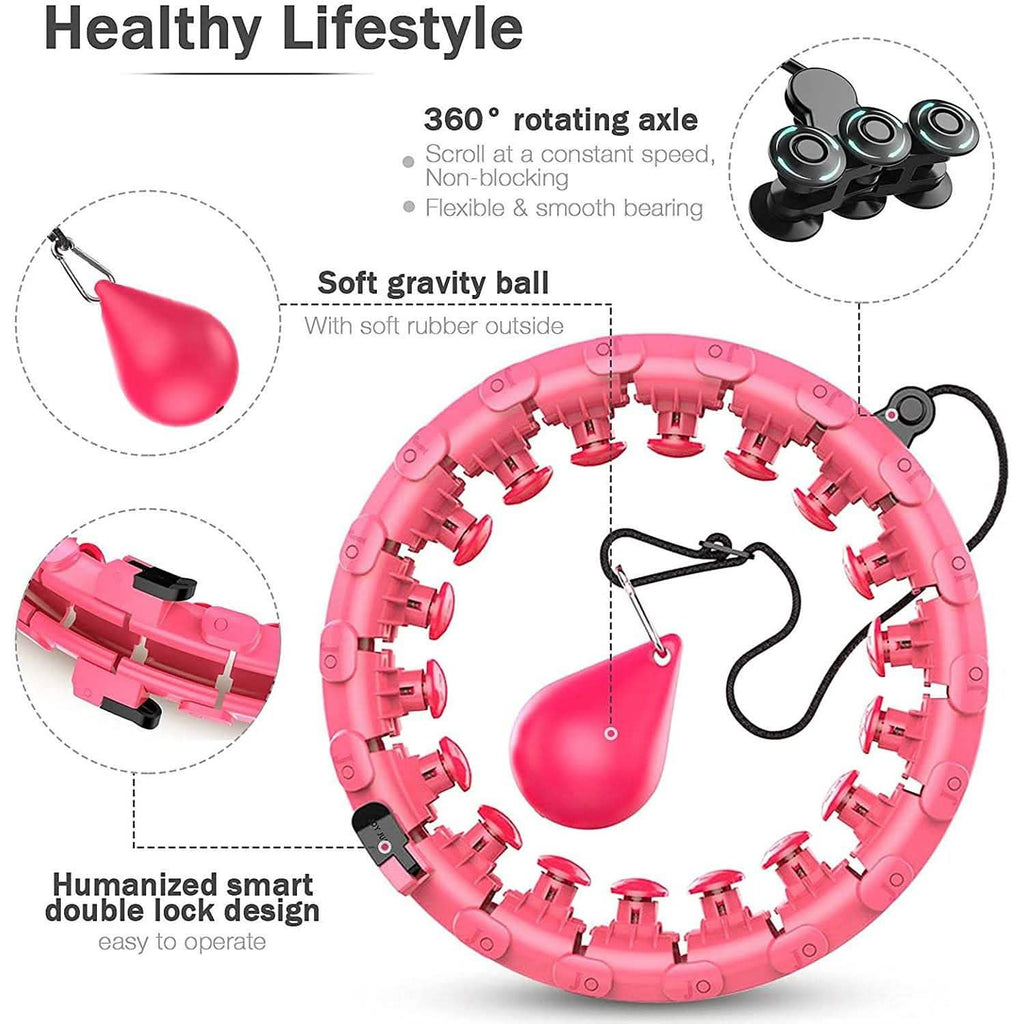 Pink smart hula hoop with circular massage nodes and soft gravity ball center