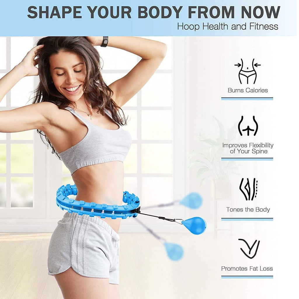 Blue smart hula hoop fitness device with massage nodes and front weighted ball
