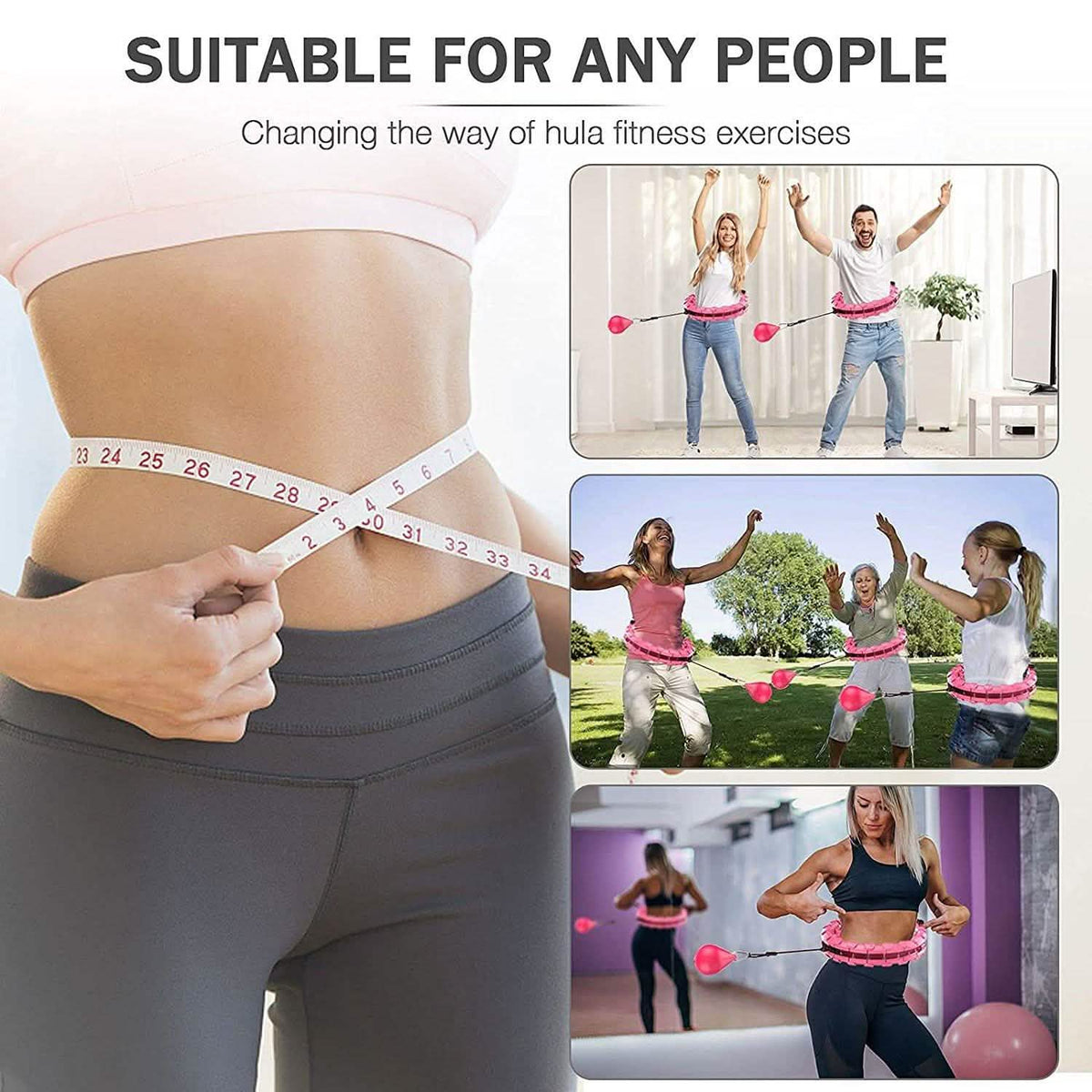 Pink adjustable weighted hula hoop with waist measuring tape and users practicing