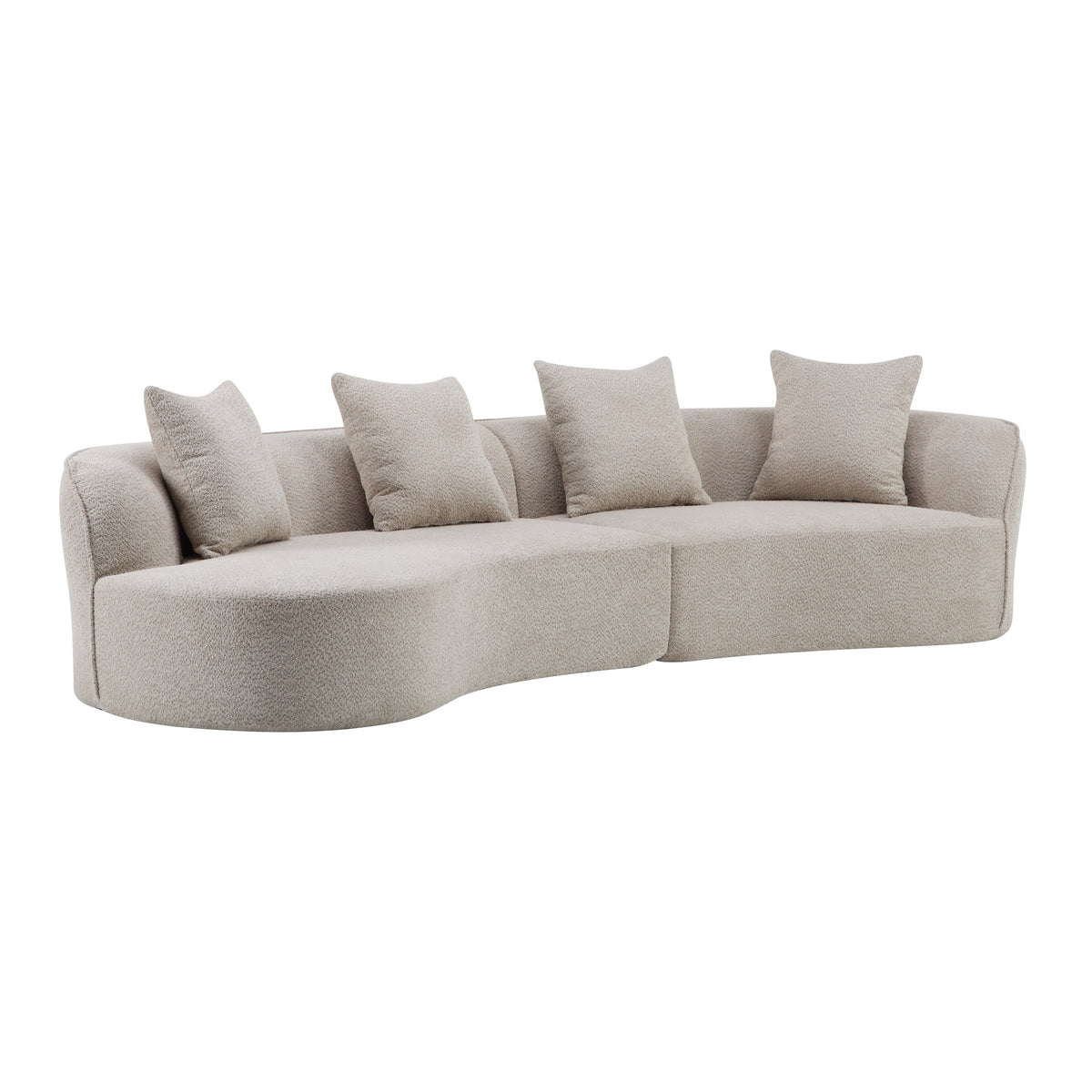 Light beige curved sectional sofa with four throw pillows and rounded chaise end