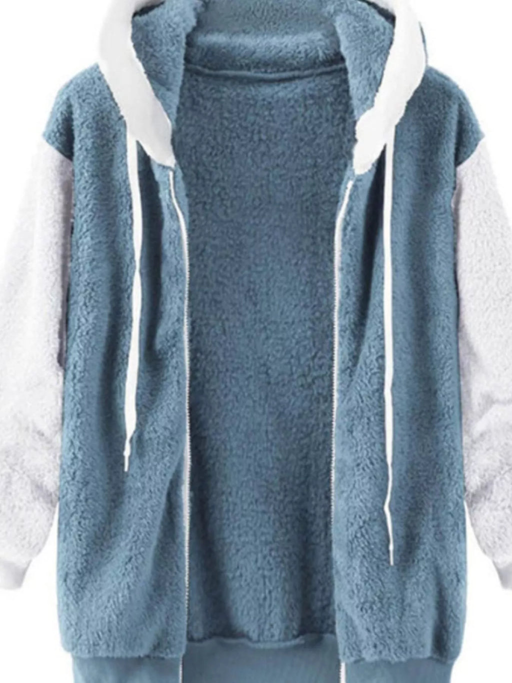Plus-size fleece zip-up hooded outerwear, sky blue front with zip and drawstring hood