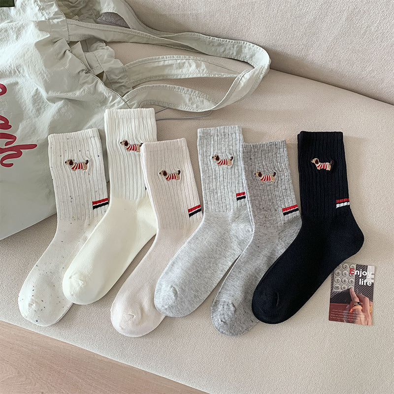Children's embroidered socks set with dog motif, ribbed cuffs, mixed colors