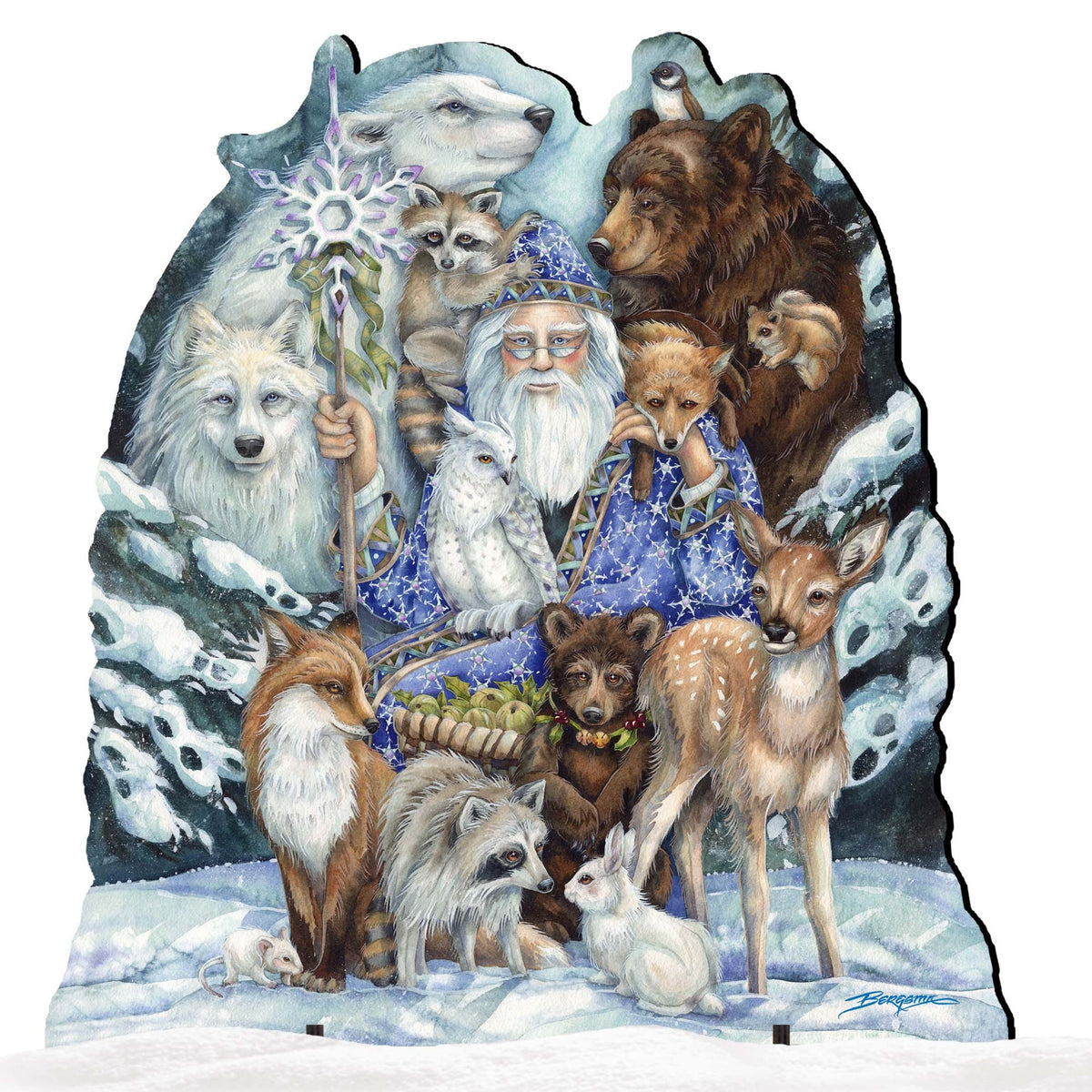 Decorative outdoor yard sign with Father Winter and forest animals in blue coat
