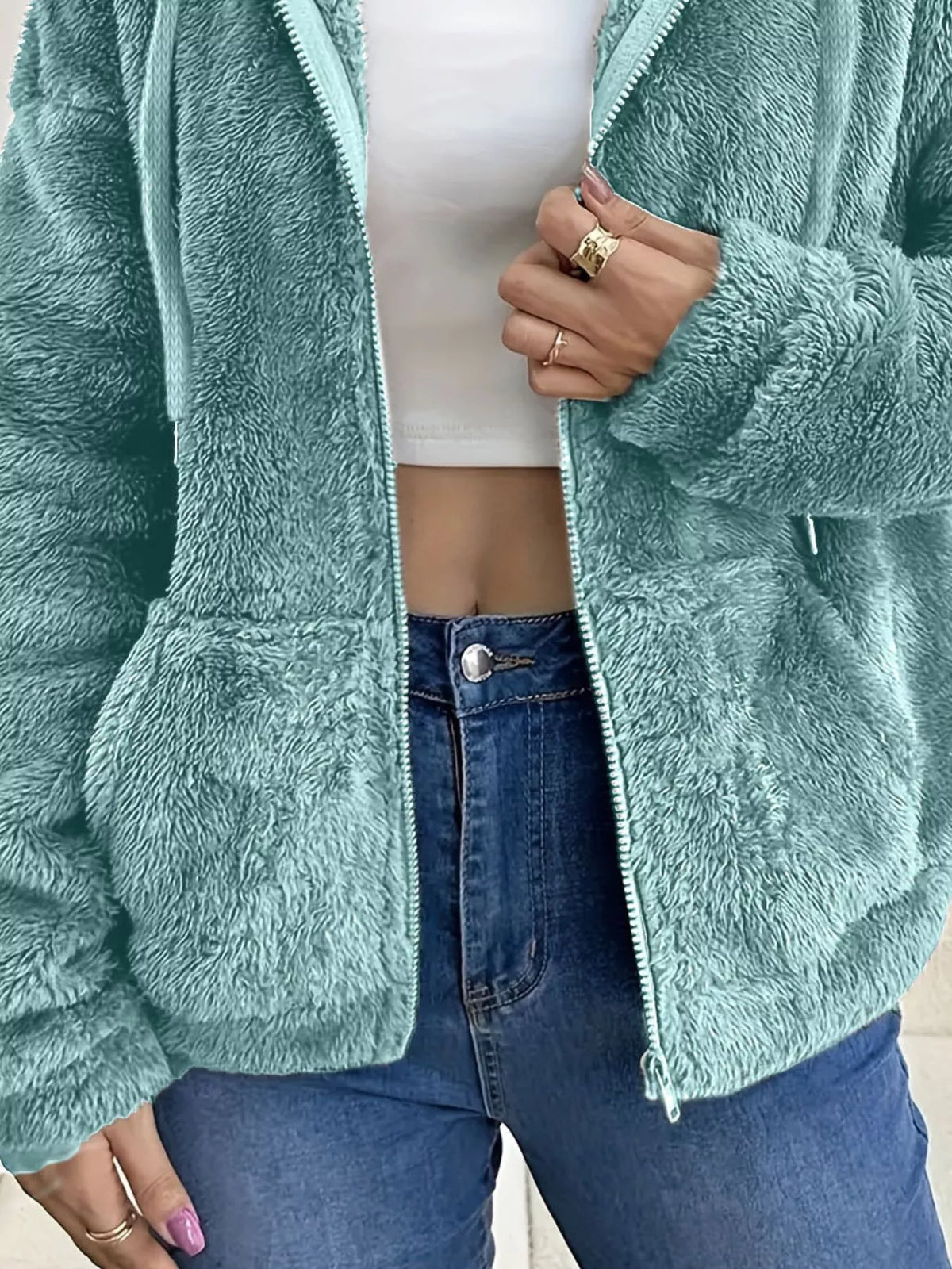 Turquoise fleece zip-up jacket with drawstring hood