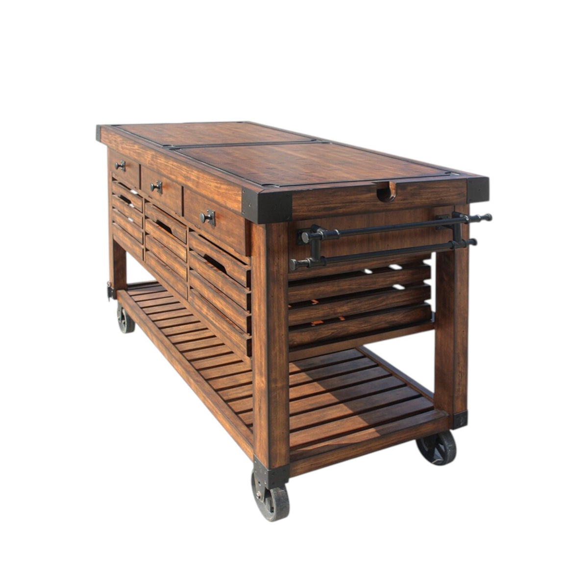 Chestnut kitchen cart with side slats, rail accents, and bottom slatted storage on wheels.