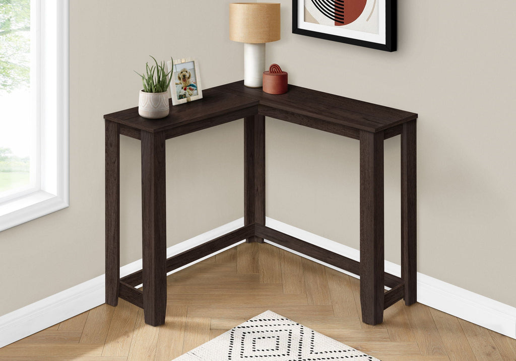 Corner accent console table in dark brown wood with square legs and open corner frame.