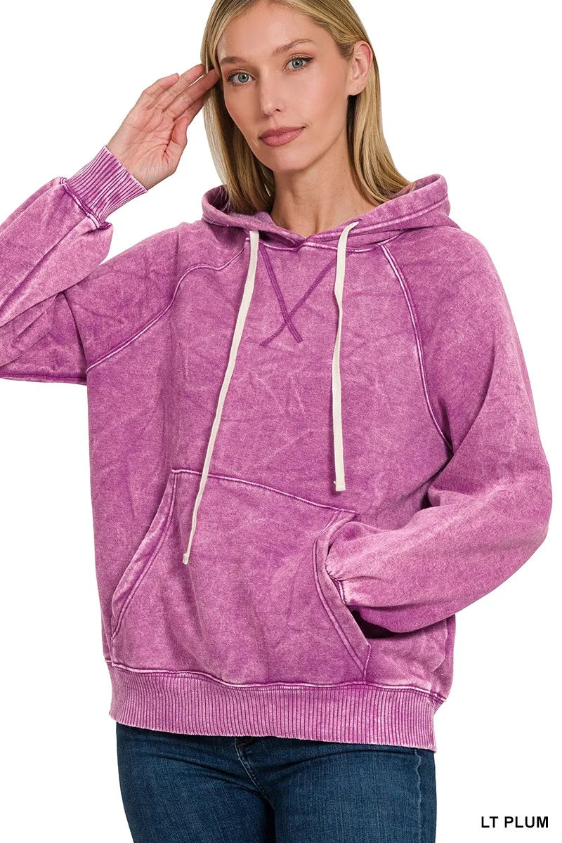 Acid-wash fleece hoodie in light plum, drawstring hood and kangaroo pocket