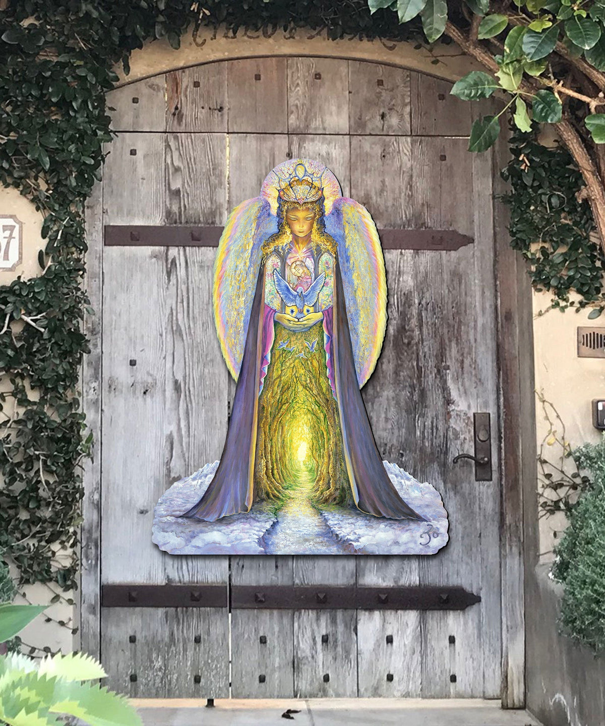 Garden angel yard sign with glowing gold dress and flowing blue wings