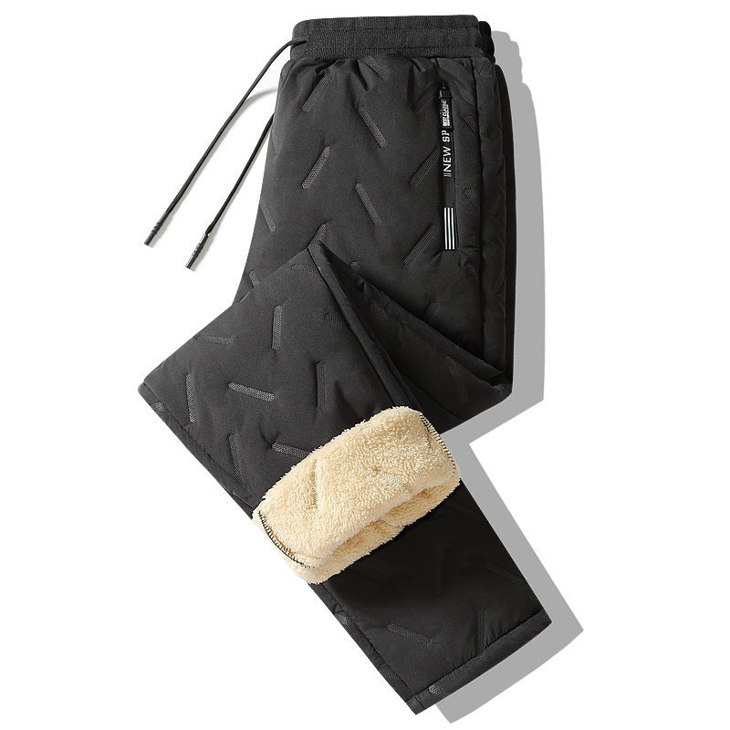 Men's black fleece-lined sweatpants with drawstring waist, sherpa cuff lining, quilted legs
