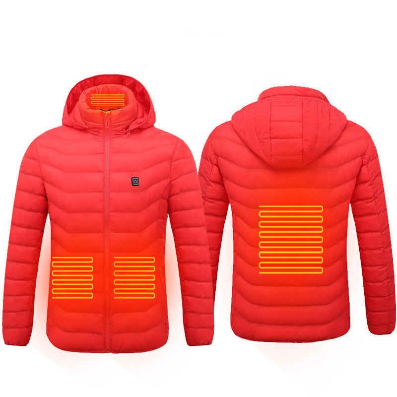 Men's red heated puffer jacket with hood, zip front, glowing heating zones
