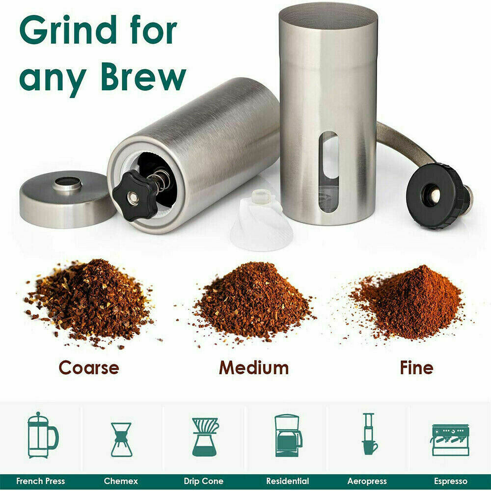 Stainless steel manual coffee grinder with adjustable grind settings and brewing cups icons