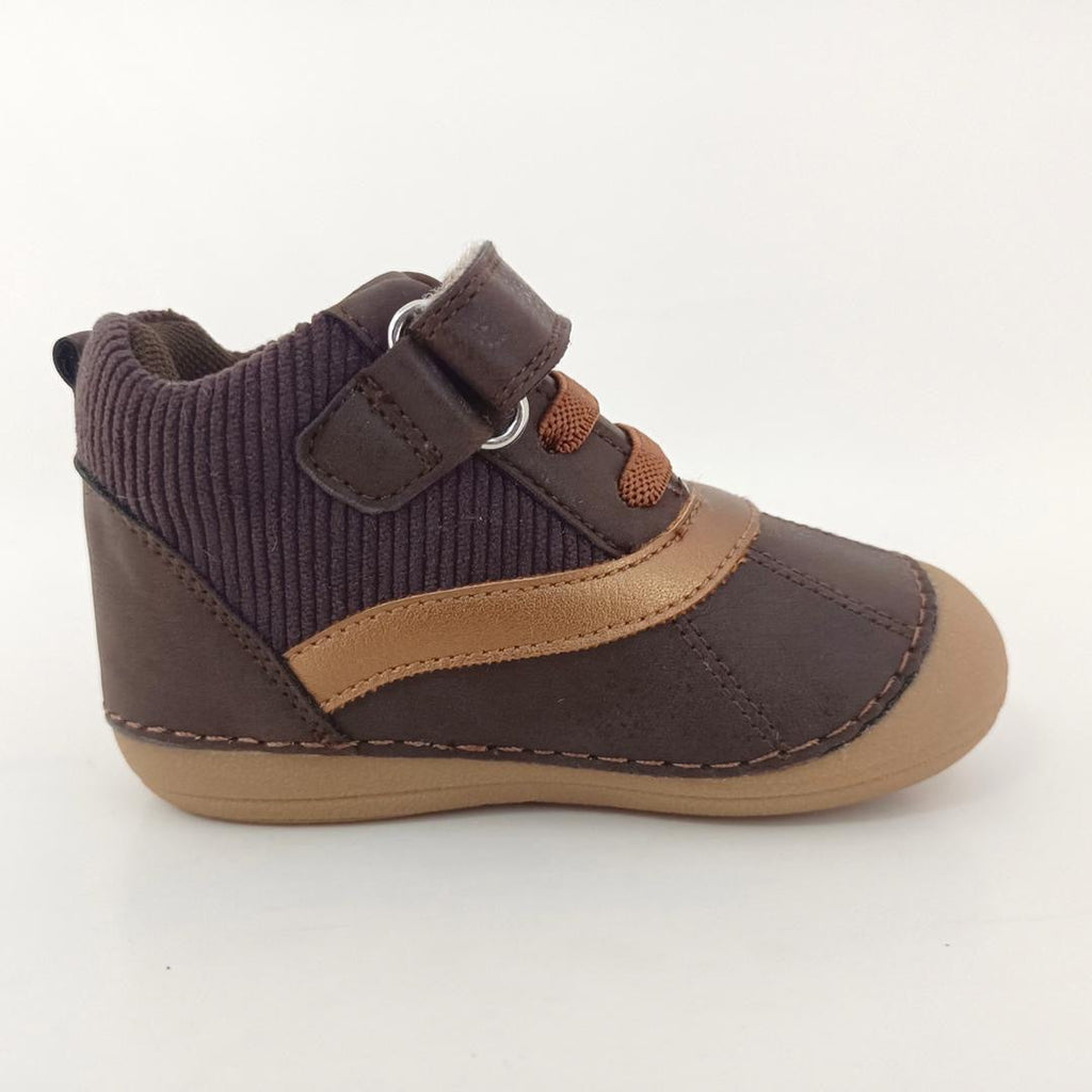 Kids barefoot boot, dark brown with tan stripe, buckle and hook strap, cushioned sole