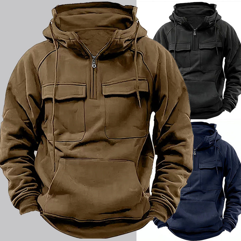 Two men’s zip-up hoodies with drawstring hoods and front kangaroo pocket, tan and black