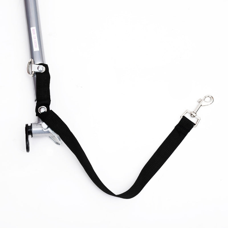 Pet trailer towing strap with metal hook and adjustable black webbing