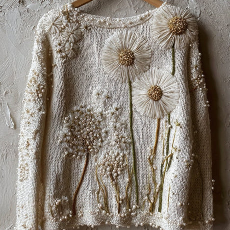 Beige women's Christmas hoodie sweater with floral embroidery and beaded accents