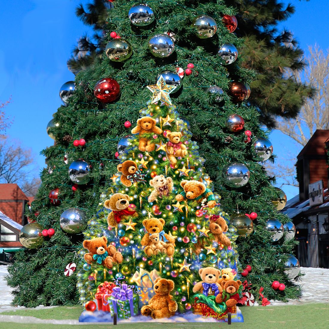 Outdoor teddy bear Christmas tree yard sign with star topper, ornaments, and wrapped gift decor