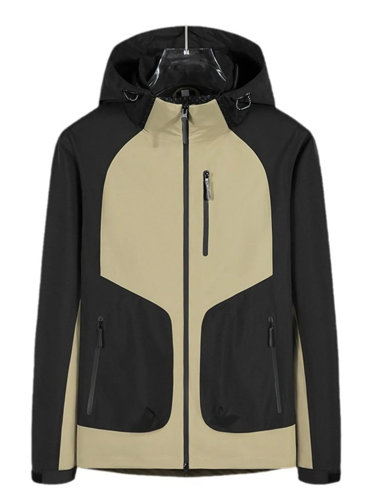 Two-tone waterproof hooded jacket, black and beige, full front zip, chest and side pockets