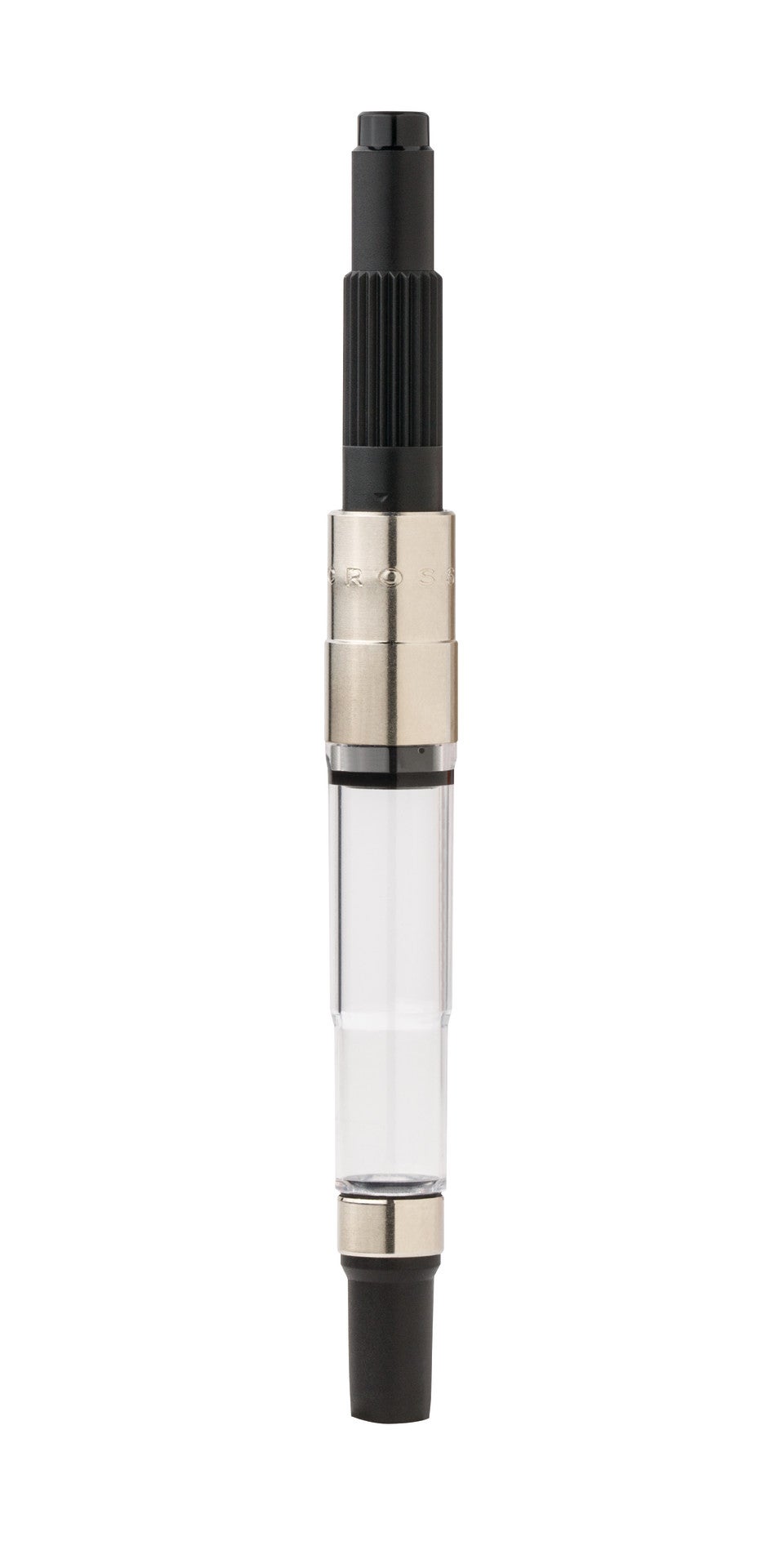 Fountain pen converter, clear body with ribbed black grip and metal coupling rings
