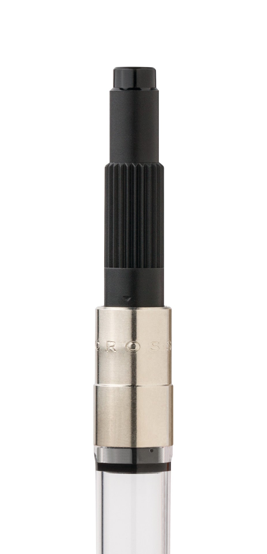 Fountain pen converter close-up: black ridged stem and silver metal push-in collar