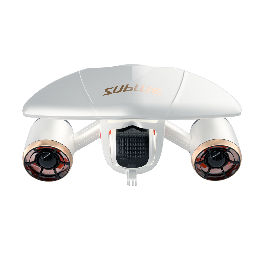 White quadcopter drone with central textured grille and side camera pods