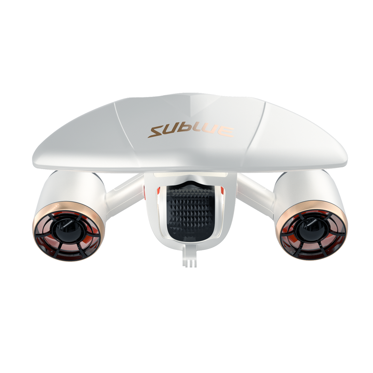 White quadcopter drone with central textured grille and side camera pods