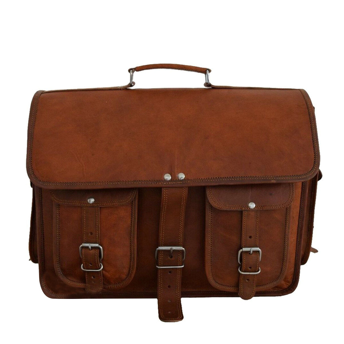 Brown leather messenger backpack with top handle, hinged flap, and front organizer pockets