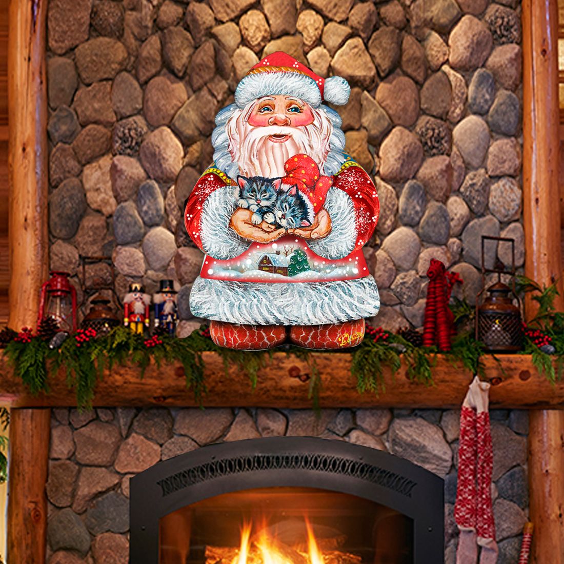 Santa with a blue kitten in his arms Christmas door decor figure in red and white