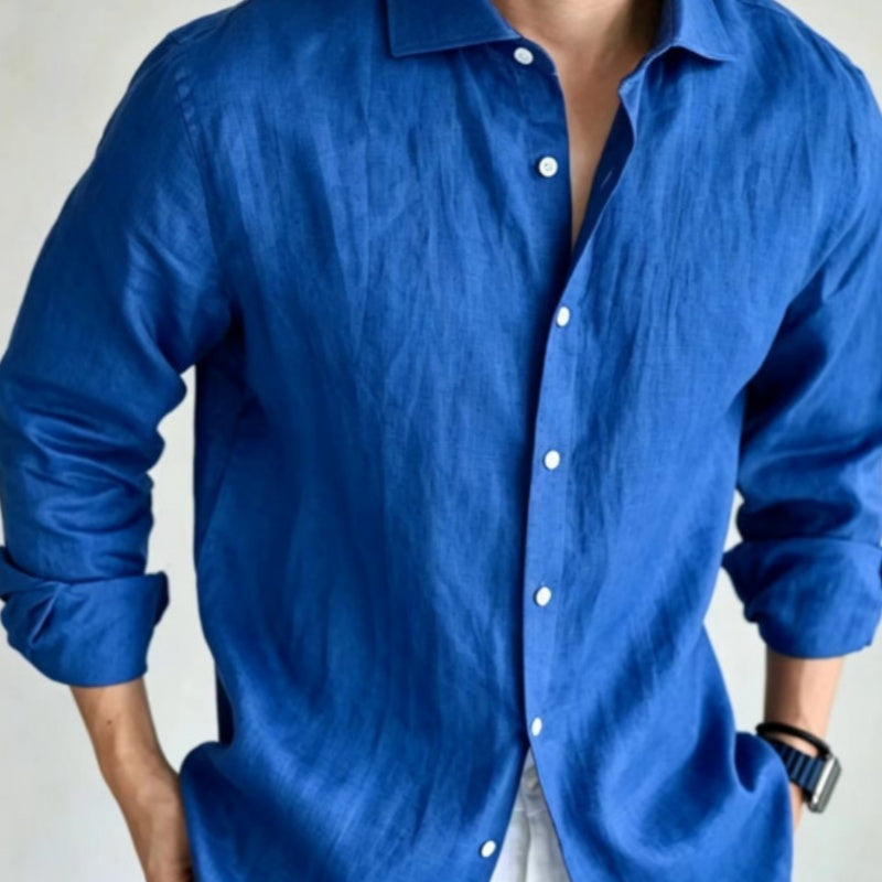 Men's blue linen button-up shirt with long sleeves and front button placket