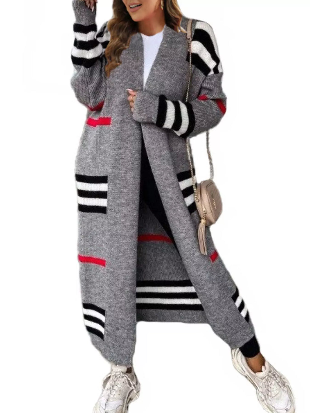 Gray longline open-front cardigan with bold black-and-white stripes and red accents, long sleeves