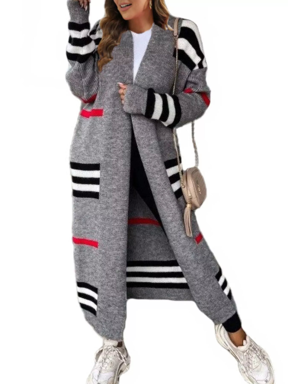 Gray longline open-front cardigan with bold black-and-white stripes and red accents, long sleeves