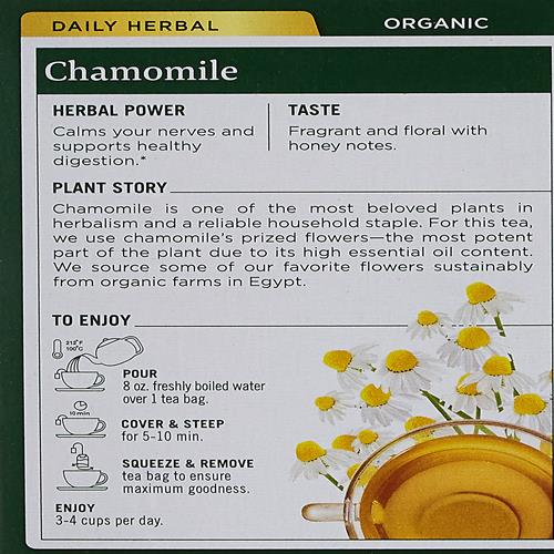 Chamomile herbal tea box back with brewing directions and plant story