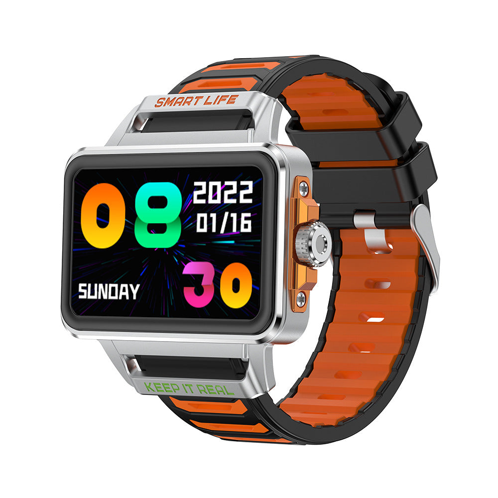 Smart watch with silver case, dark square screen, and orange silicone strap