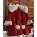 Red wool coat with fur collar, sleeve cuffs, and matching hem fur accents