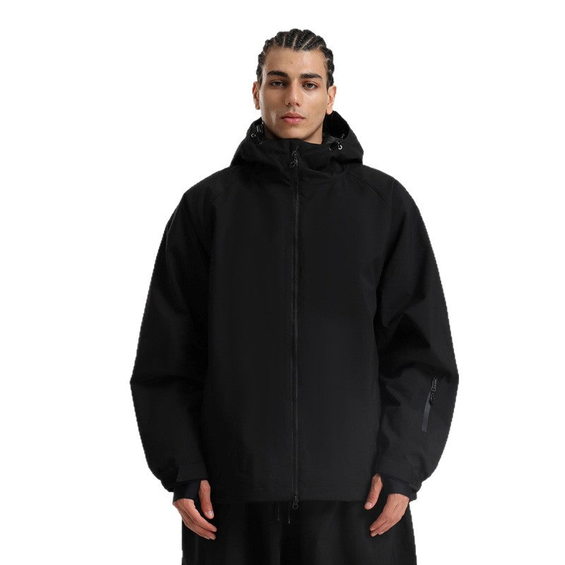 Women's solid-color professional ski suit jacket, black with zip front and hood