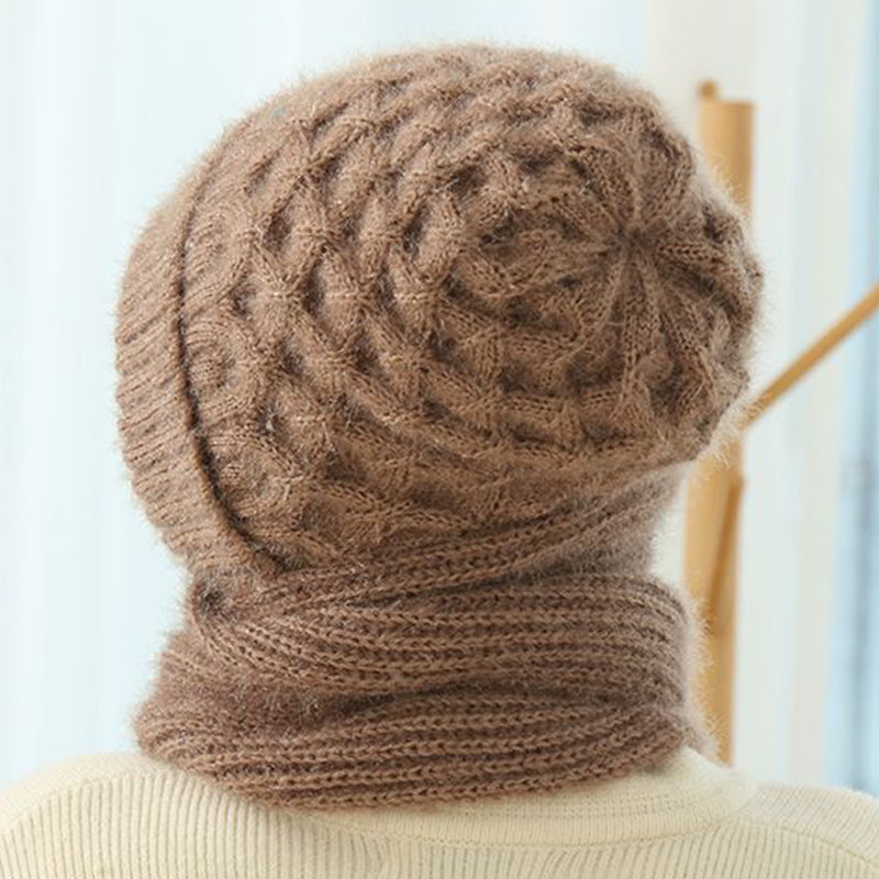 Women’s knit winter hat and scarf set with hood, medium brown