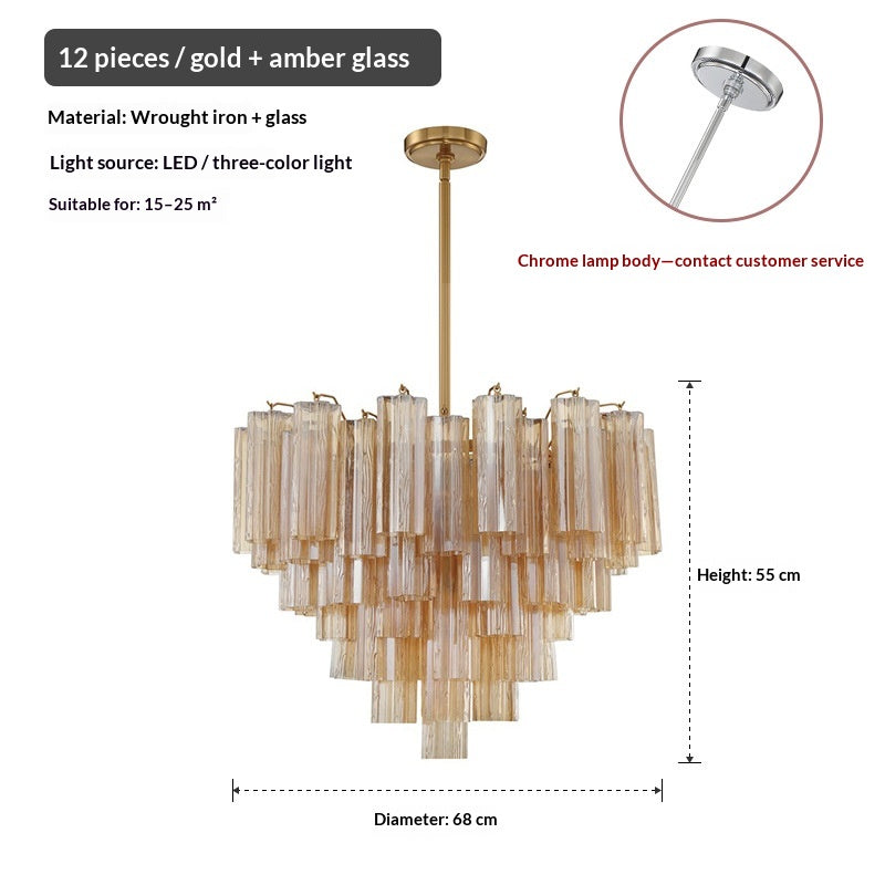 Tiered amber glass tube chandelier with gold frame, 12-light design