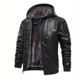 Men's black hooded leather coat with fleece lining, front zipper, ribbed cuffs