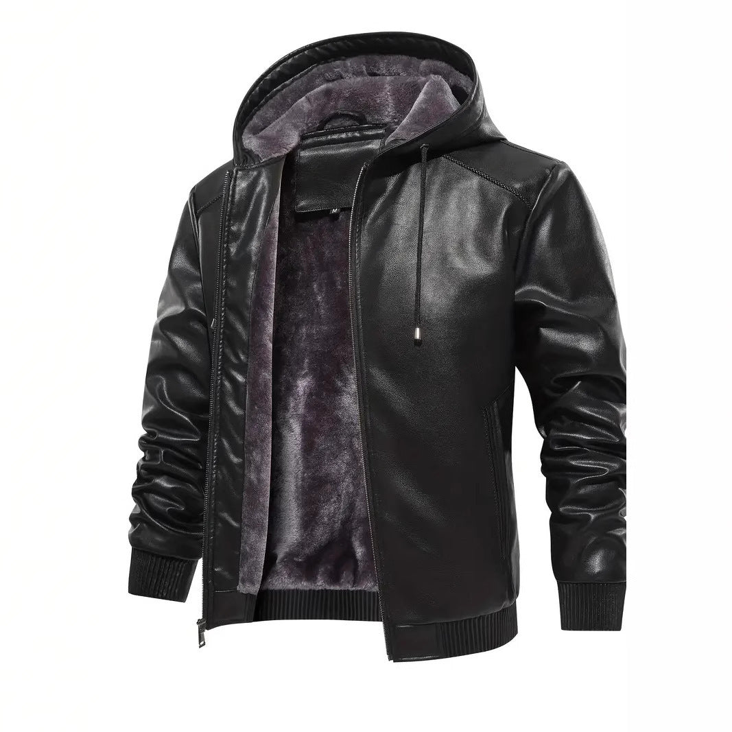 Men's black hooded leather coat with fleece lining, front zipper, ribbed cuffs