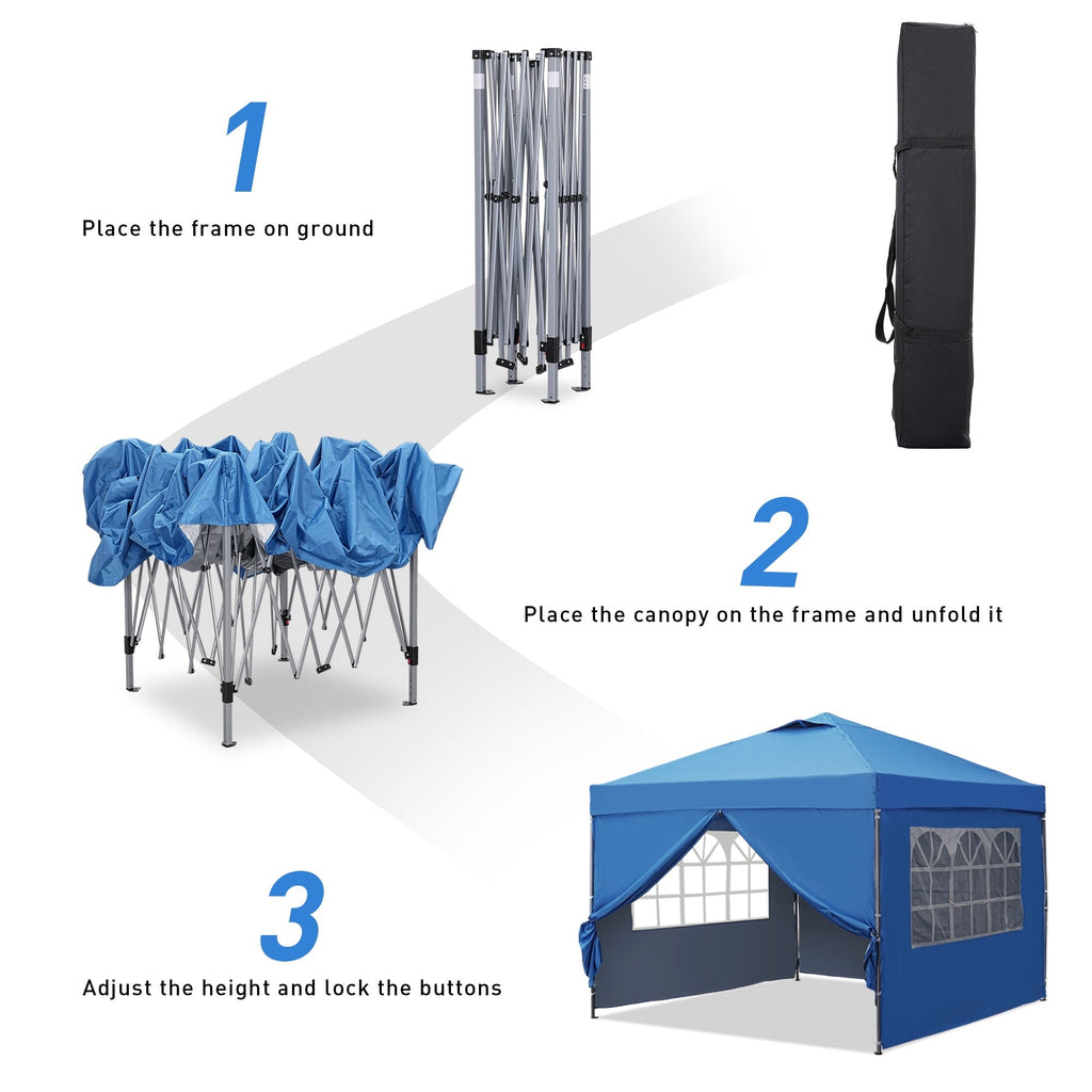 Blue pop-up canopy tent with sidewalls shown with frame poles and storage bag