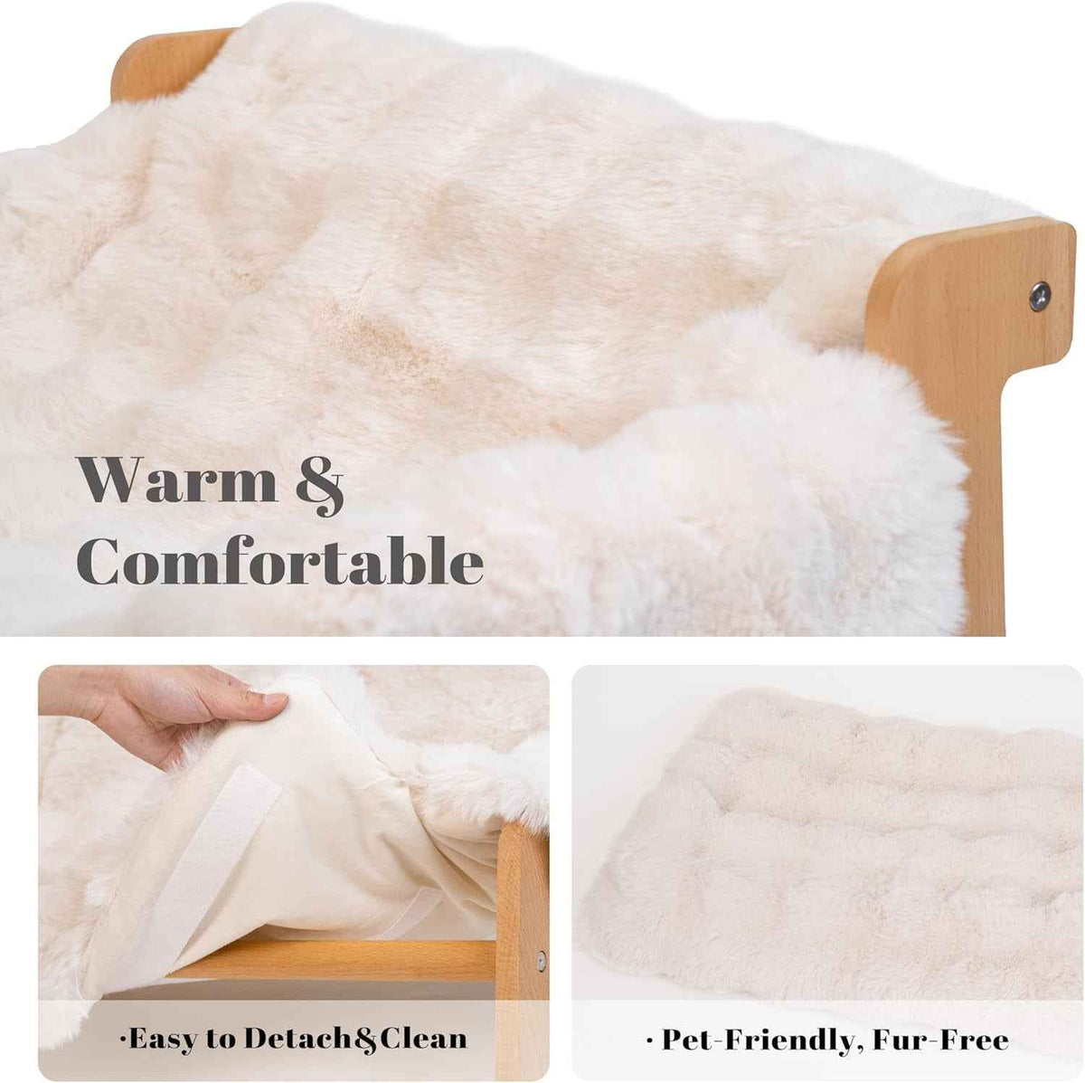 Cat couch bed with a removable, washable fluffy cream cushion and wooden frame.