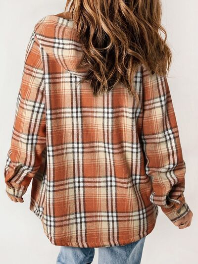 Women’s orange-brown plaid snap-front hooded jacket with button front and faux-fur trim