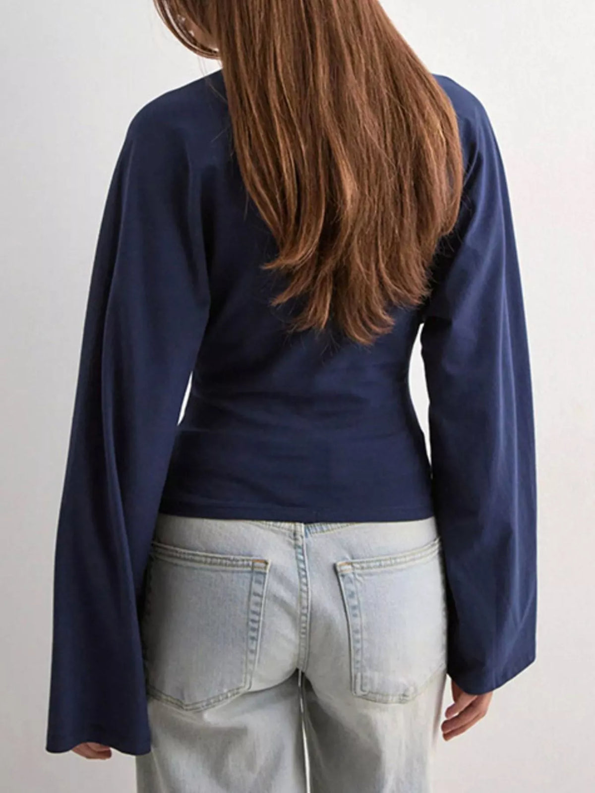 Plus size fitted long-sleeve T-shirt in navy, back view, crew neck and wide sleeves