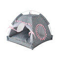 Foldable pet play tent in dark gray with pink trim, mesh side window, and bows