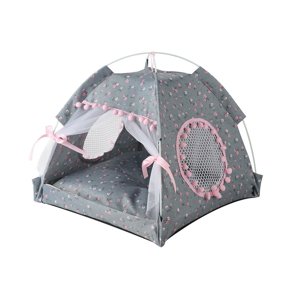 Foldable pet play tent in dark gray with pink trim, mesh side window, and bows
