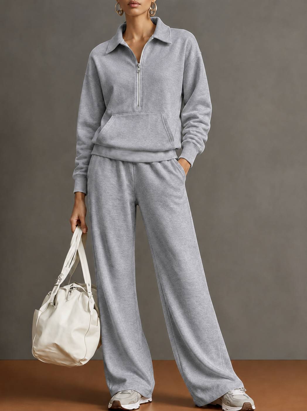 Light gray half-zip sweatshirt and wide-leg pants two-piece set for women