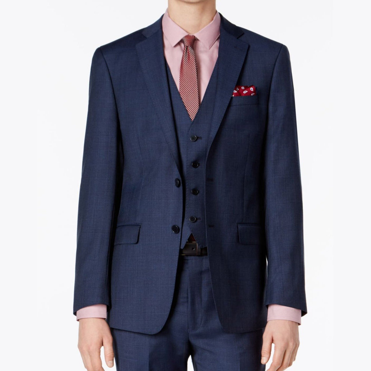 Blue suit jacket front with vest, notch lapels, and pink dress shirt underlay